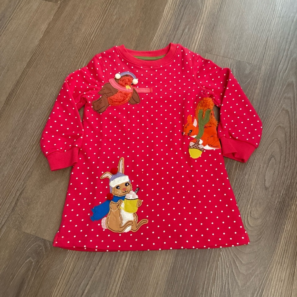NWOT Mini Boden Pink Polka Dot Sweatshirt Dress Winter Animals 2-3 Years